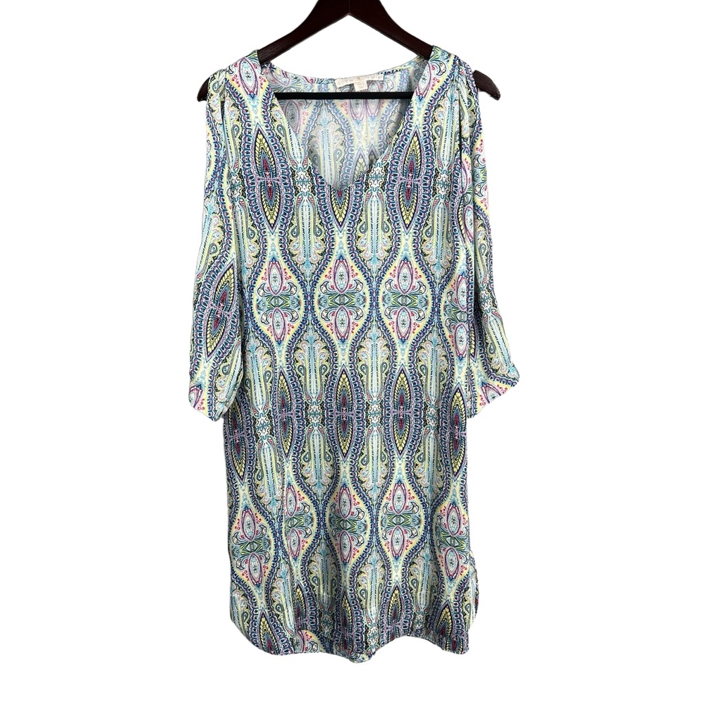 Boston Proper Dress Printed Silky Cold Shoulder Above Knee Boho Paisley Size 8